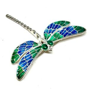 Vintage Silver Tone Enamel Dragonfly Damsel Fly Nature Blue Green Brooch Hat Pin